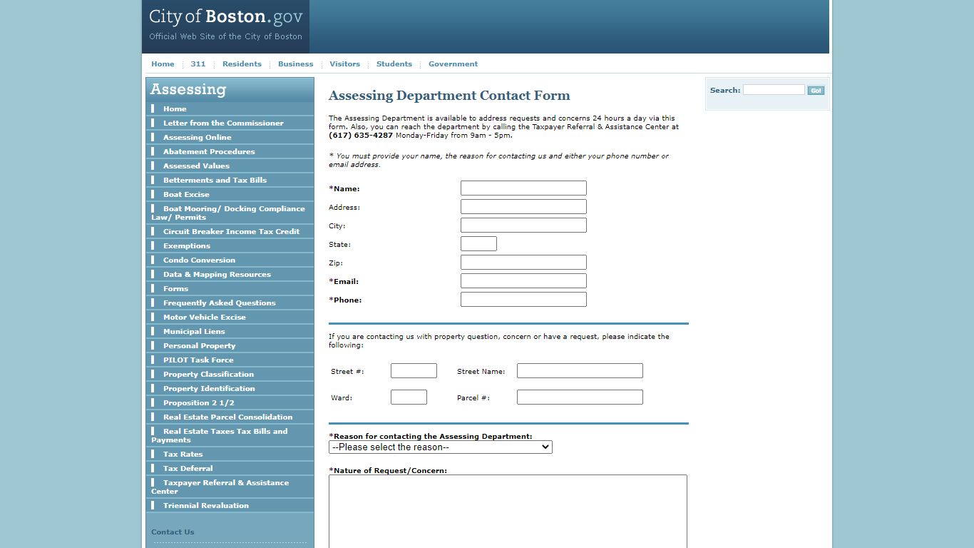 Assessing Department Contact Form - City of Boston